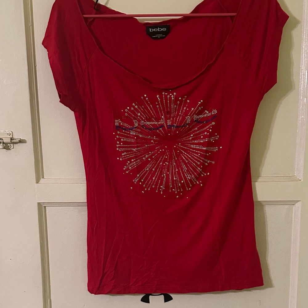 bebe Red Short Sleeve Tee with Crystal Burst